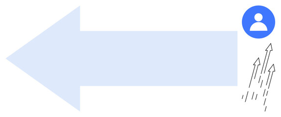 Large left-pointing arrow combined with user icon and upward arrows indicating movement, growth, change, and progress. Ideal for navigation, guidance, direction, growth, improvement development
