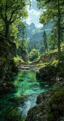 Lush forest stream nestled in a mountain valley