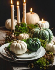 Generated image. Table filled with pumpkins, lit candles, and dry autumn leaves, organic home decor