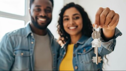 Happy couple holding house keys, celebrating new home ownership, symbolizing real estate investment and dreams coming true