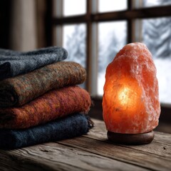 Cozy blankets and a Himalayan salt lamp by a snowy window