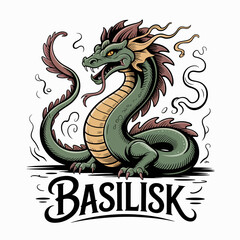 Cartoon Basilisk Illustration with Text | Stylized Green Basilisk Vector | Whimsical Basilisk Line Art Graphic