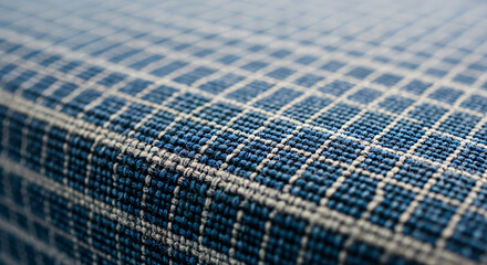 A close-up, macro shot of a woven textile featuring a grid pattern. The primary colors of the fabric are various shades of blue and white, with some black threads creating depth in the weave.