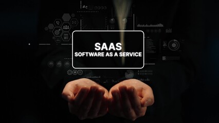 Hands Offering Futuristic Display of Software as a Service Concept in Digital Business Environment. Asymptotic smart data analytic.