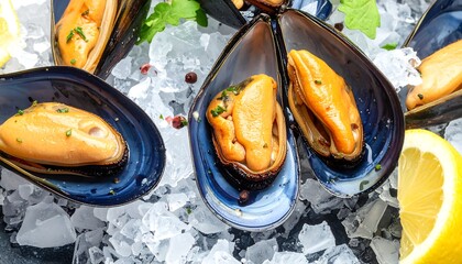 Cooked mussels on ice