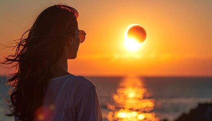 A woman gazes at the celestial event a solar eclipse. The sun's corona shines around the moon, a fiery scene over the ocean