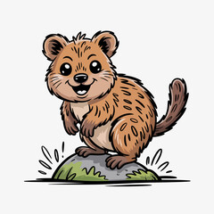 Obraz premium Smiling Quokka Cartoon Illustration | Cheerful Quokka Vector on Rock | Happy Quokka Line Art Graphic