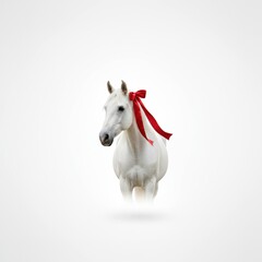 A captivating portrait of a beautiful white horse with a bright red ribbon adorning its mane, standing gracefully against a pristine white background, exuding elegance and charm.
