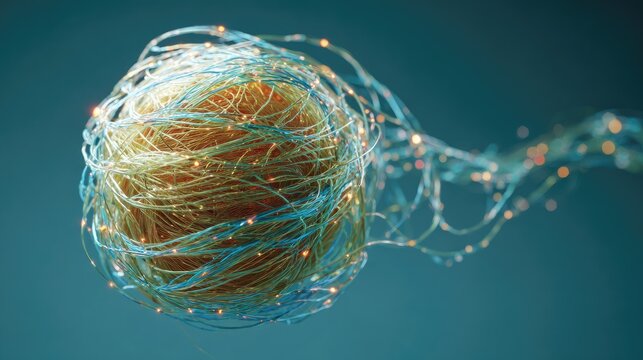 Abstract sphere of interwoven threads, glowing light