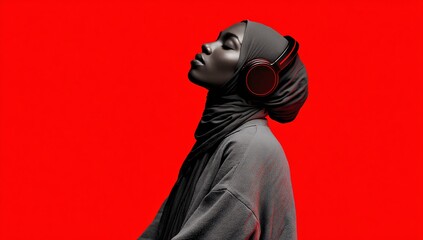 Person in Hijab Listening to Music with Headphones