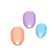 Three colorful chinese paper lanterns floating against black background