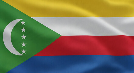 Waving flag of comoros, a nation with a rich cultural heritage and stunning natural beauty, featuring a crescent and stars on a green triangle, with yellow, white, red, and blue horizontal stripes, sy