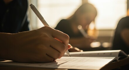 A hand holds a pen over a notepad, focused on taking notes in a classroom setting. Soft light highlights the details of the action, while other students are softly blurred in the background.