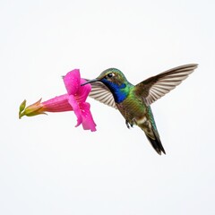A colorful hummingbird with its wings open and near a pink flower on a light background in nature, the bird is about to drink nectar from the flower