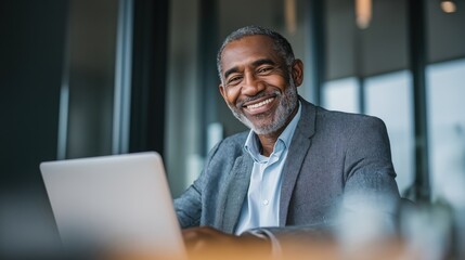 Smiling black mature adult business man executive sitting at desk using laptop. Happy busy professional mid aged businessman ceo manager working on computer corporate technology in office