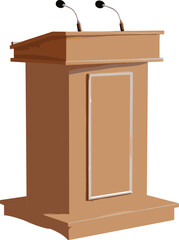 Wooden podium with dual microphones, public speaking stage setup, conference presentation vector, formal speech illustration, professional event design, cartoon-style content