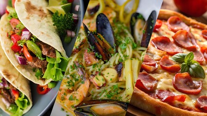 A triplex collage of world cuisine: tacos, seafood pasta, and pizza.  Mexican, italian, and mediterranean cuisines in one image. Natural food, various cuisines