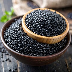 Black lentils in wooden bowls