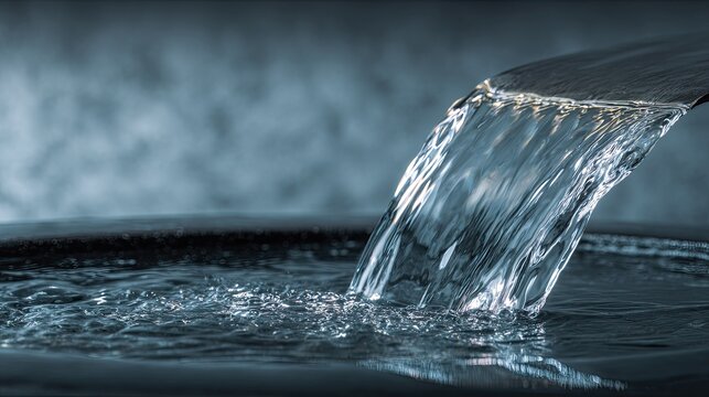 Water flows from a metal spout into a dark basin