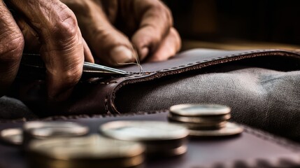 Macro shot of hand stitching leather wallet showing artisan craftsmanship detail, high resolution handmade craft and design concept