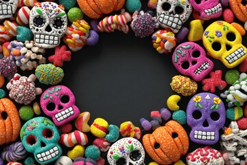 Colorful Halloween Candy Wreath with Sugar Skulls and Pumpkin Charms