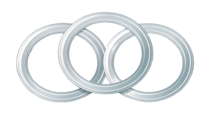 Three interconnected silver rings overlapping each other on a black background in a graphic design