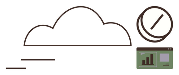 Cloud outline, disk-thumbs up object, and web analytics panel with graphs. Ideal for cloud storage, analytics, data management, technology, digital innovation, minimalism simple flat metaphor
