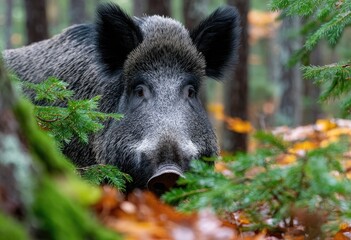 a wild boar in the forest, eating leaves