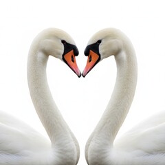 Obraz premium Two swans creating a heart shape with their necks, symbolizing love and grace, showcasing their elegant white feathers and striking orange beaks, isolated on white background .