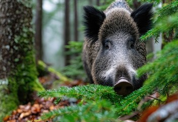 Obraz premium a wild boar in the forest, eating leaves