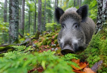 Obraz premium a wild boar in the forest, eating leaves