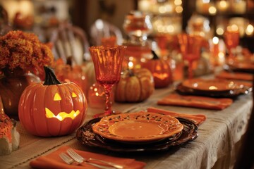 Festive Fall Dinner Table with Pumpkin Decor and Jack-o'-Lantern Centerpiece