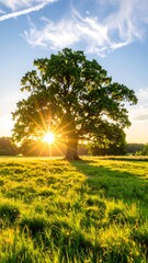 Lush green field bathed in golden sunlight, a large oak tree at its center.  Sunset sky, fluffy clouds