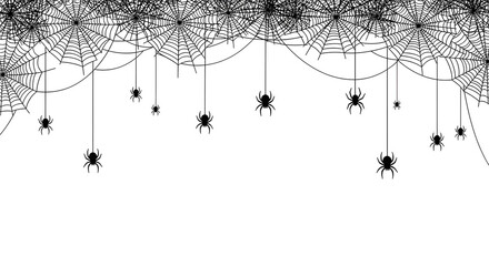 Spooky spiderwebs with hanging spiders creating a creepy and atmospheric Halloween decoration for a festive holiday celebration