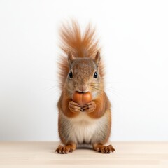 Fototapeta premium Adorable red squirrel sitting upright on a wooden surface, holding a hazelnut in its paws, its fluffy tail rising against a plain white background .