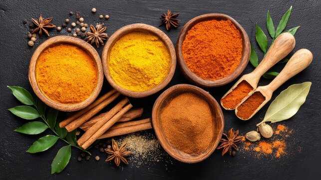 Flat lay of spices in wooden bowls with turmeric, paprika, cumin and cinnamon in colorful vibrant culinary arrangement