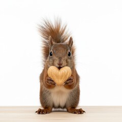 Fototapeta premium Adorable red squirrel holding a heart-shaped nut with its tiny paws, a symbol of love and affection in the animal kingdom in a white background