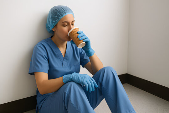 Exhausted healthcare worker in blue scrubs sitting on hospital floor drinking coffee break, nurse fatigue concept after long shift, medical professional rest recovery, hospital exhaustion stress burno