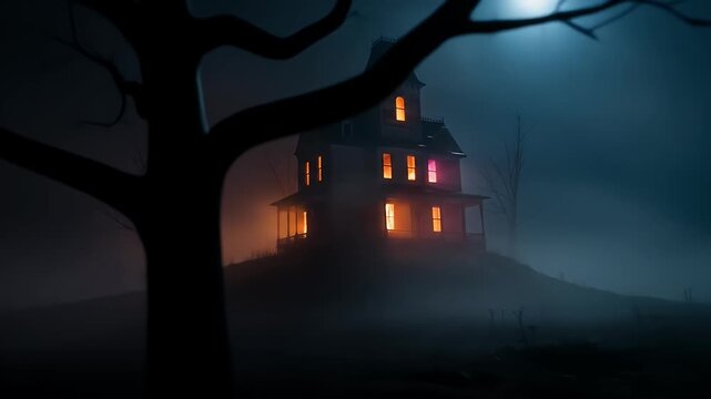 Spooky two-story house illuminated on hill in misty night, framed by silhouette of tree