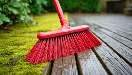 A red broom stands on a wooden deck next to a damp patch of mossy ground in a backyard or garden.
