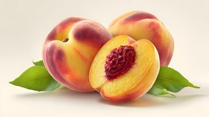 Fresh ripe peaches with green leaves on a light background