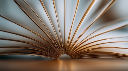 A close up shot of an open book with white pages and golden edges on a reflective surface