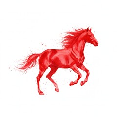 Watercolor painting of a red horse running with expressive brushstrokes and splatters, creating a dynamic and energetic artwork