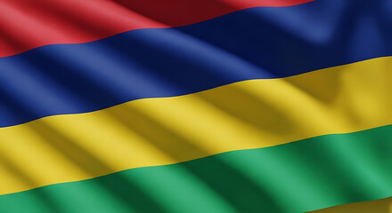 Obraz premium A detailed closeup of the mauritian flag waving in the wind, showcasing its red, blue, yellow, and green horizontal stripes, symbolizing the nations diverse landscape and rich cultural heritage