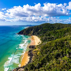 Obraz premium Coastal landscape, lush greenery, sunny day