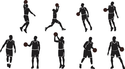 Basketball player silhouettes, men athletes dribbling dunking shooting ball, sports action poses, vector illustration © PixelsWorld