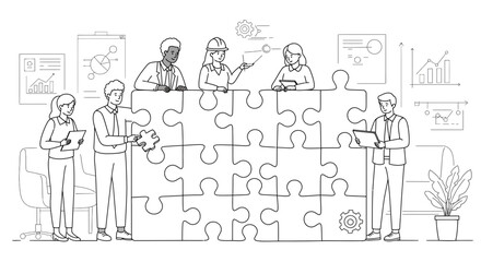 Teamwork illustration: people assembling a jigsaw puzzle, symbolizing collaboration and problem-solving.