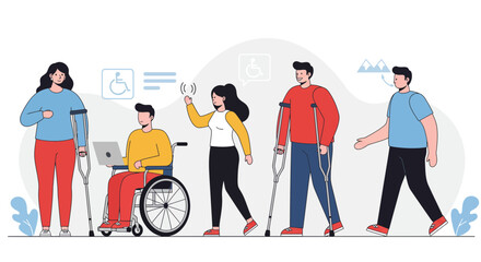 Illustration of diverse people with disabilities using assistive devices and technology.