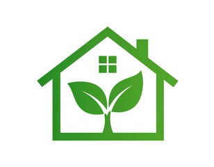 Eco-friendly developer logo, modern house combined with leaf or tree, sustainable construction, green real estate branding