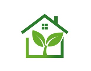 Eco-friendly developer logo, modern house combined with leaf or tree, sustainable construction, green real estate branding
